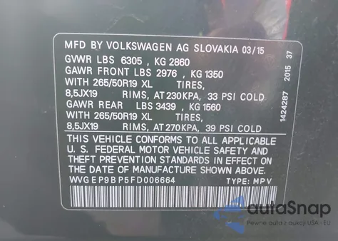 2015 Volkswagen Touareg Tdi Lux z USA, uszkodzony, nr VIN WVGEP9BP5FD006664